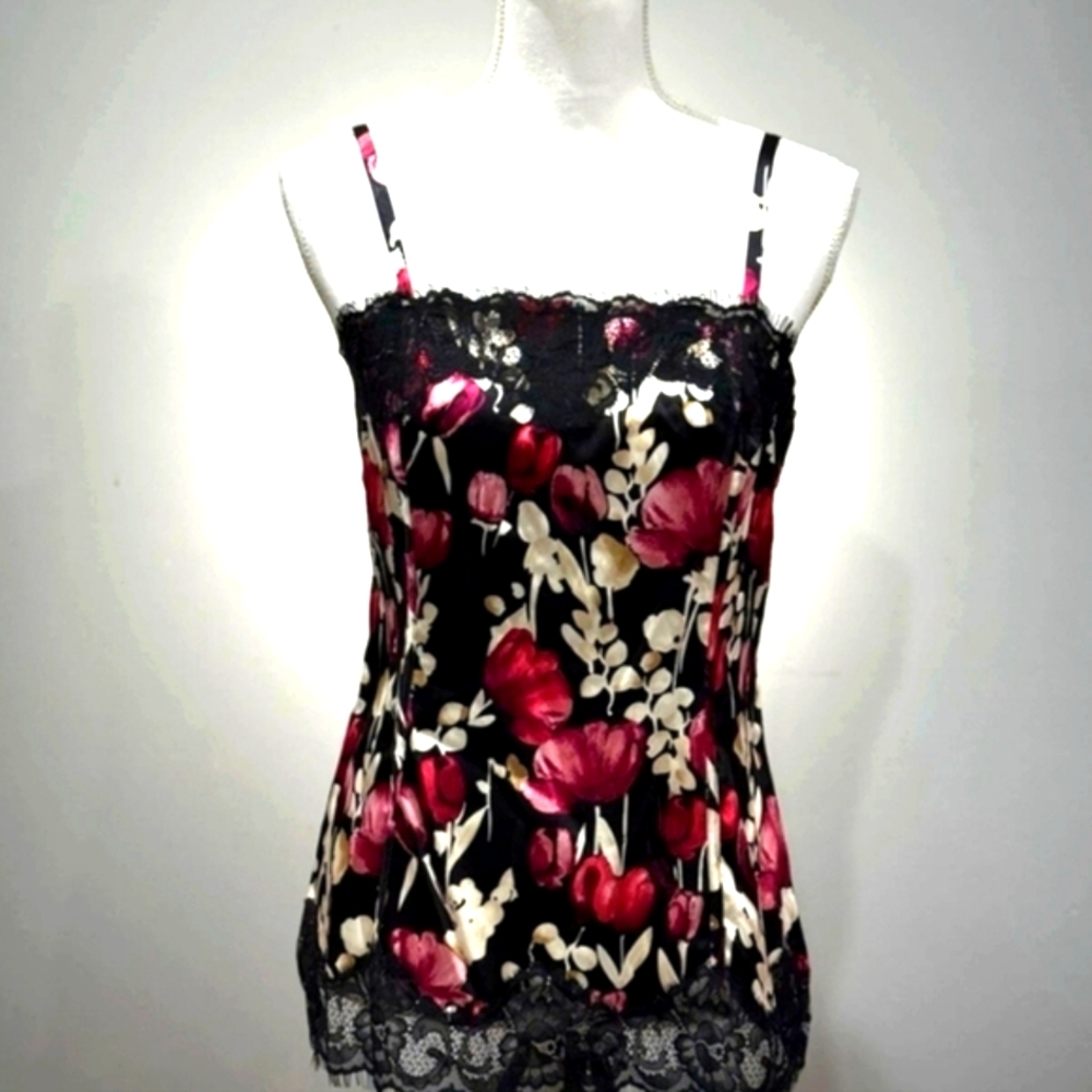 White House Black Market floral silk cami with lace trim